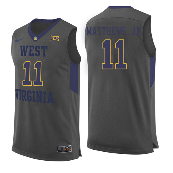 Men #11 Emmitt Matthews Jr. West Virginia Mountaineers College Basketball Jerseys Sale-Gray